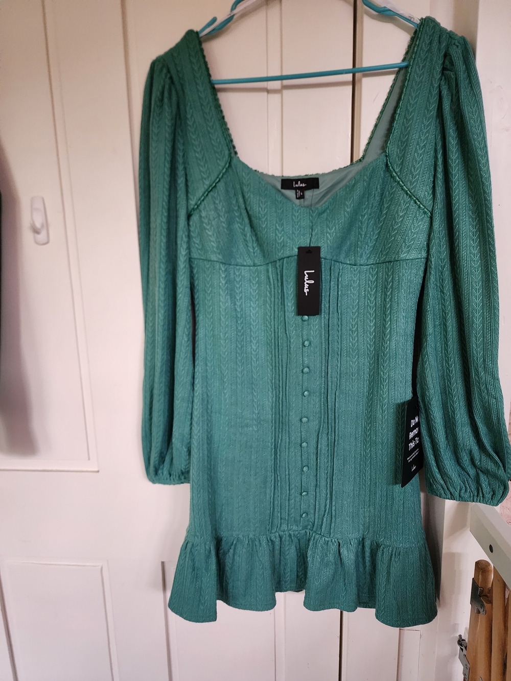 Lulu's Teal Green Long-Sleeve Mini Dress with Ruffle Hem NEW